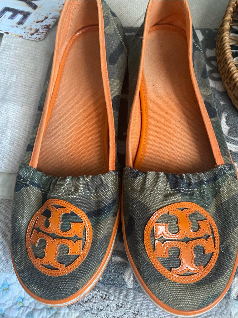 Tory Burch Green Camo Canvas Flats with Orange Logo